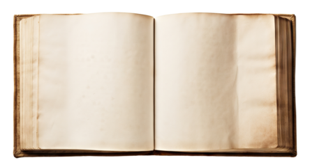 Open antique book with worn leather covers and yellowed blank pages, cut out