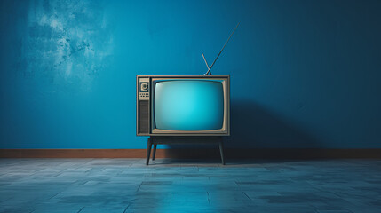 Old retro TV with a bright blue screen, generative ai