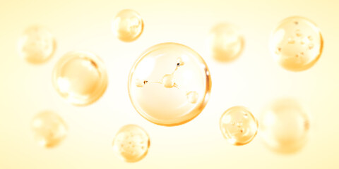 Golden collagen serum drops. Molecule inside bubble on yellow background. Concept skin care cosmetics solution. Vector illustration