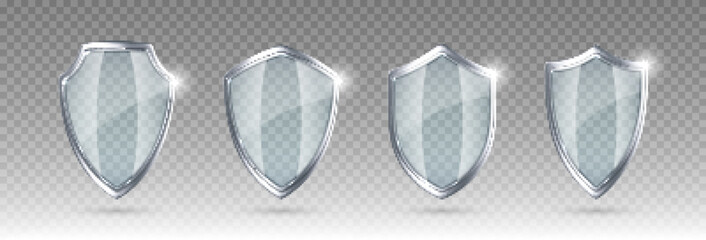 Set of glass shields. Protected guard shield concept. Safety badge icon. Privacy banner shield. Security safeguard label. Realistic vector illustration