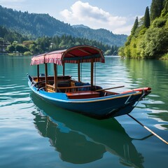 Obraz premium Boat on the river. Fiber boat in a lake for visitors.