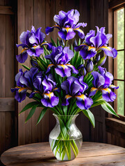 Rustic Grace: Bouquet of Purple Irises in Vase Enhancing Old Wooden Table with Natural Charm. generative AI