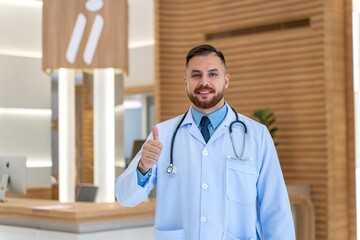 Portrait of a white male doctor thumb up
