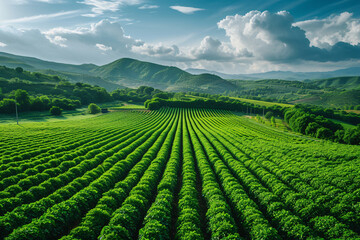 Fototapeta na wymiar Symmetrical green crop fields rolling over hills under a dynamic cloudy sky