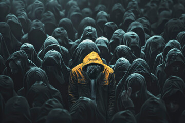 A person in a yellow jacket stands out in a crowd of figures in dark hoodies, conveying a sense of loneliness or individuality.
