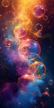Celestial Dance of Soap Bubbles. Luminous Soap Bubbles Dance in a Cosmic Backdrop, Merging Fantasy With Space. Soap Bubble Show. Ideal for Poster, Invitation, Flyer, Decoration