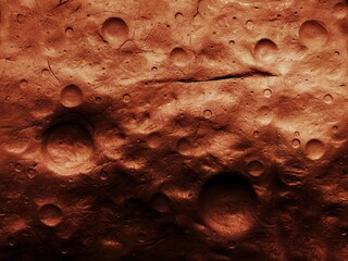 Photograph of the surface of Mars from space. Relief details and large craters of the red planet. Panorama of the Martian landscape.
