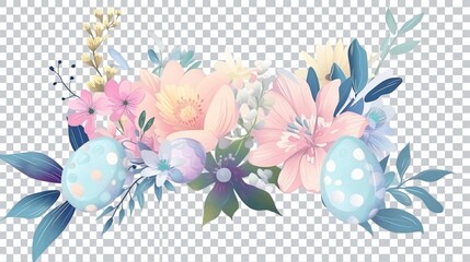 Easter floral arrangement with spring flowers and easter eggs on transparent background. Generative AI illustration