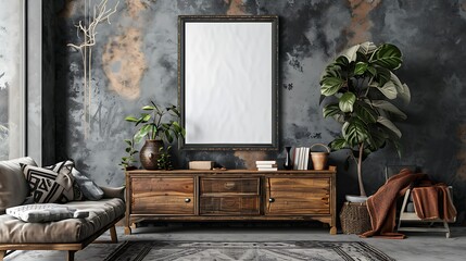 A mockup poster blank frame hanging on an antique sideboard, above a trendy loveseat, bar area, Scandinavian style interior design