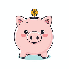Fototapeta premium Adorable cartoon piggy bank with a coin highlighting the concept of savings and financial growth.