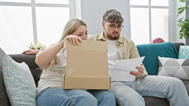 A young woman and man examine documents together, opening a package in a cozy living room setting, portraying a moment of shared responsibility.