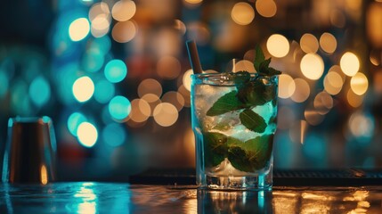 Green cold cocktail with ice cubes and a straw and slice of lime on a bar counter with blurred bokeh lights