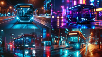 urban autonomous mobility city bus. Public transport. Autonomous electric bus self driving on night street