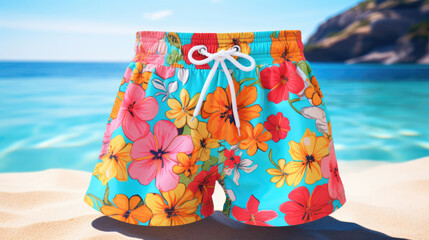 Swimming shorts with a floral pattern, against the background of the sea
