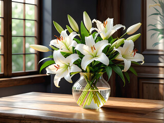 Natural Grace: White Lilies Bouquet Illuminated by Soft Natural Light on Wooden Table. generative AI