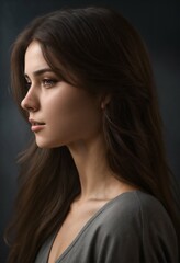 Beautiful sad face of a young woman with dark brown hair in profile, clear facial features, detailed image, realistic, real, realistic facial features, realistic photography