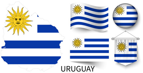 The various patterns of the Uruguay national flags and the map of Uruguay's borders