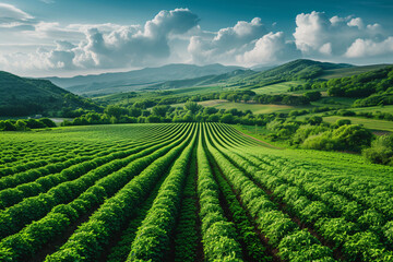 Fototapeta na wymiar Lush green crop rows in a vibrant hilly landscape under a cloudy sky