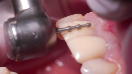 Close-up shot of removing partly teeth enamel by dental diamond bur. Dentist preparing woman's teeth for installing zirconia veneers and crowns using the dental bur. Dentistry, prosthetics concept.