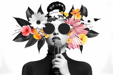 Fashion illustration with girl and microphone. Flowers on a woman's head. Illustration for a beauty podcast or event. Black and white illustration of a young woman wearing glasses