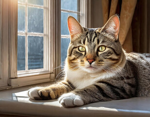 Um gato tigrado, deitado ao lado de uma janela. - obrazy, fototapety, plakaty