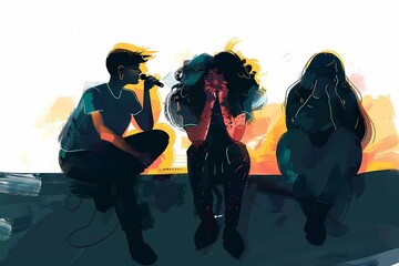 Illustration with friends at karaoke. Men and women sing into a microphone. Friends and girlfriends perform on stage with a microphone. Illustration for podcasts or karaoke party posters. Stand-up com