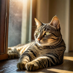 Um gato tigrado, deitado ao lado de uma janela. - obrazy, fototapety, plakaty