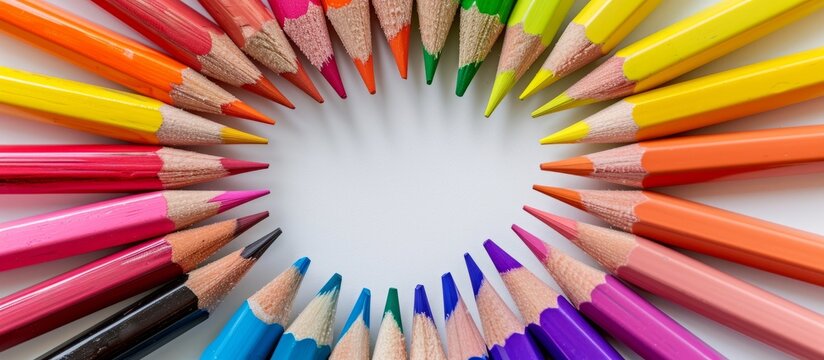 Vibrant circle of arranged colored pencils creating a colorful artistic display
