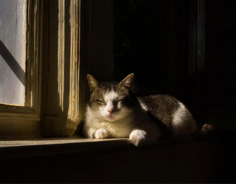 Um gato frafola, preto e branco, deitado no parapeito de uma janela de casa estilo colonial, com partes iluminadas pela luz solar.