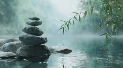 A minimalist composition featuring a black stone cairn adorned with bamboo, evoking a rock Zen aesthetic spa concept. Generative AI technology