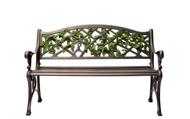 A metal bench covered in vibrant green plants, showcasing the harmonious coexistence of nature and urban elements. on White or PNG Transparent Background.