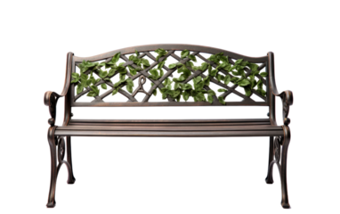 A metal bench covered in vibrant green plants, showcasing the harmonious coexistence of nature and urban elements. on White or PNG Transparent Background.