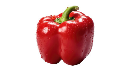A ripe red pepper covered in glistening water droplets. on White or PNG Transparent Background.