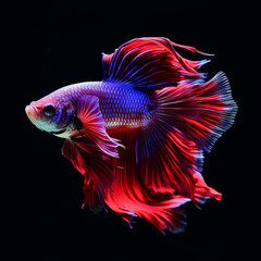 Fototapeta premium Fighting fish, a purplish-purple fighting fish with a sparkling red tail, moves gracefully and calmly against a dark background. Contrasting hues add a touch of fascination to their aquatic movements.