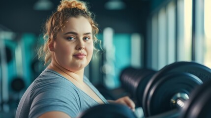 An overweight young woman stands with her back in the gym preparing to play sports, the concept of an active life in young age, taking care of the body  - obrazy, fototapety, plakaty