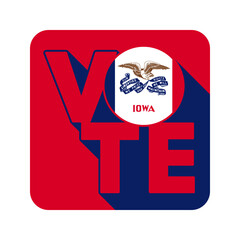 Vote sign, postcard, poster. Banner with Iowa flag with long shadow. Vector illustration.