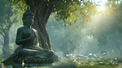 Buddha statue meditating near big tree. - Powered by Adobe