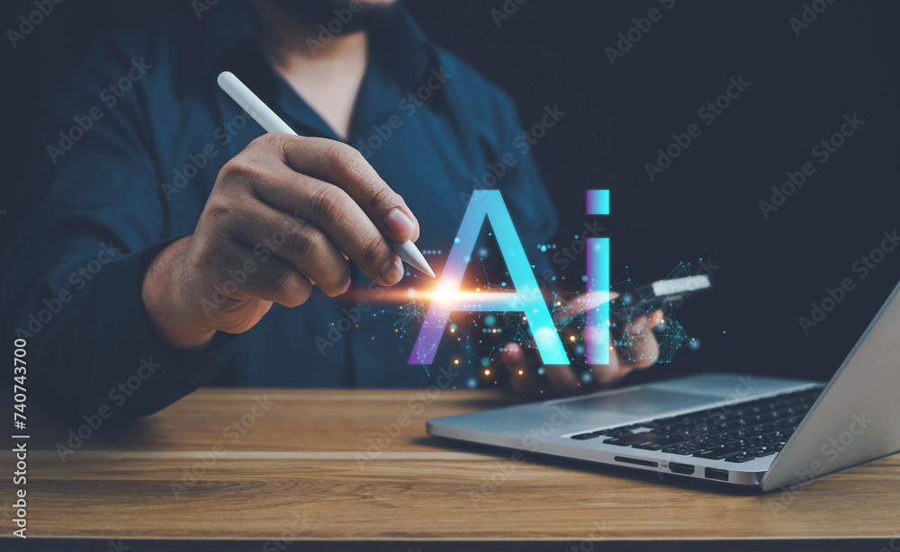 Poster ai technology, businessman show virtual graphic global internet connect chat with ai, artificial int