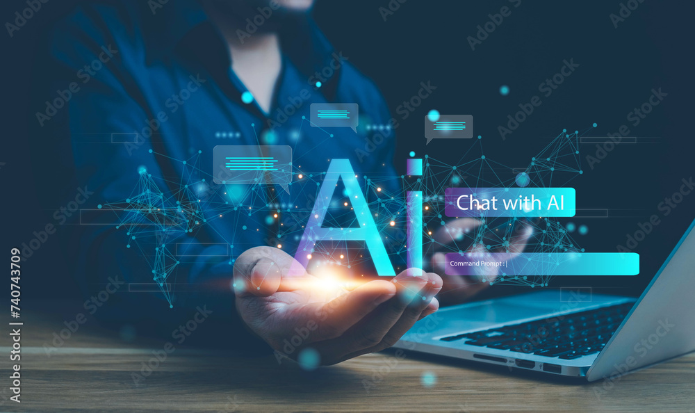 Poster ai technology, businessman show virtual graphic global internet connect chat with ai, artificial int