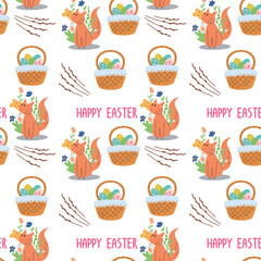 Seamless pattern with cute cartoon fox. Funny fox. Hand drawn characters and flowers. Vector illustration.