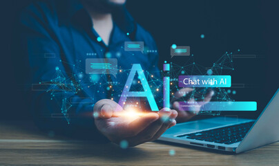Ai technology, businessman show virtual graphic Global Internet connect Chat with AI, Artificial Intelligence. using command prompt for generates something, Futuristic technology transformation. - obrazy, fototapety, plakaty