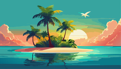 Fototapeta na wymiar Tropical island with palm trees on the sunset. Ai generated