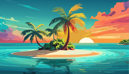 Fototapeta na wymiar Tropical island with palm trees on the sunset. Ai generated