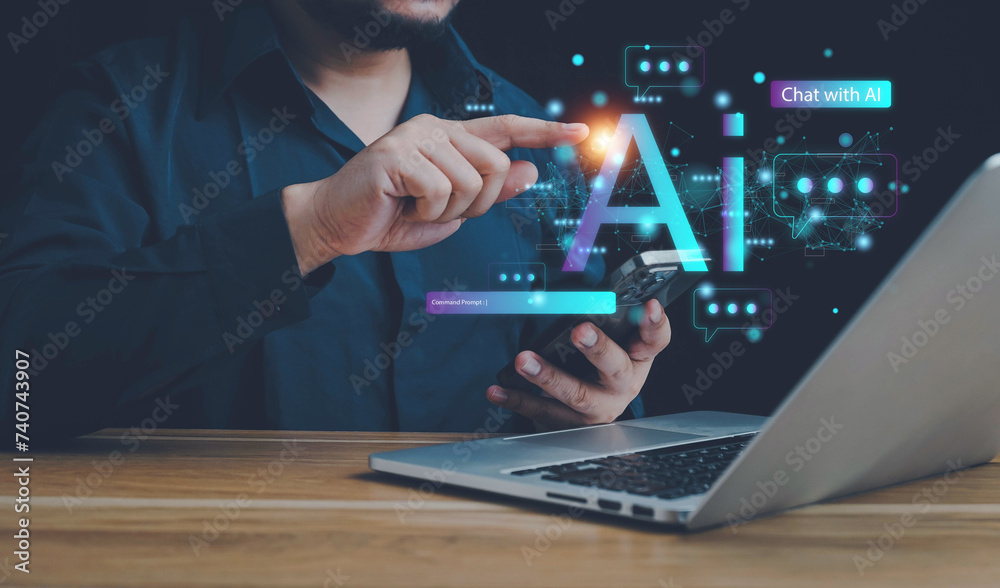 Poster ai technology, businessman show virtual graphic global internet connect chat with ai, artificial int