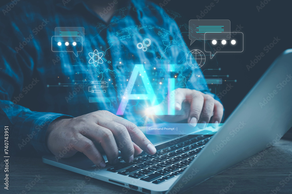 Poster ai technology, businessman show virtual graphic global internet connect chat with ai, artificial int