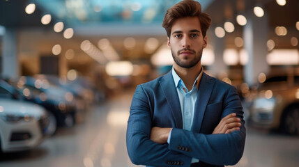 A confident businessman stands with arms crossed in the center of a luxurious car showroom, high-end vehicles, premium auto dealership, luxury, automotive sales, entrepreneurship, auto dealership - obrazy, fototapety, plakaty
