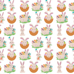 Colorful seamless pattern with spring easter concept. Easter watercolor pattern with easter rabbits and eggs isolated on white background. Srock illustration