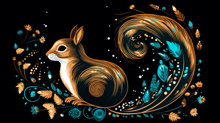 Abstract starry night squirrel with a bushy cosmic tail. simple Vector art