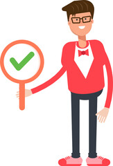 Man in Red Suit Character Showing Check Mark
