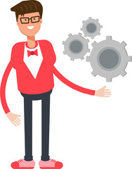 Man in Red Suit Character Holding Gears
